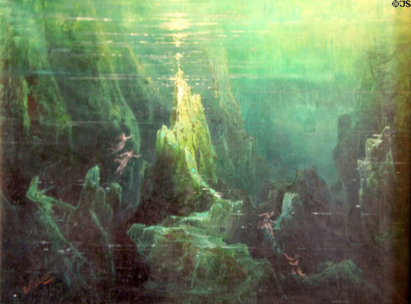 Ring cycle scene of Dar Reingold in Rhine River sketch painting (1896) by Max Brückner at Coburg Castle. Coburg, Germany.