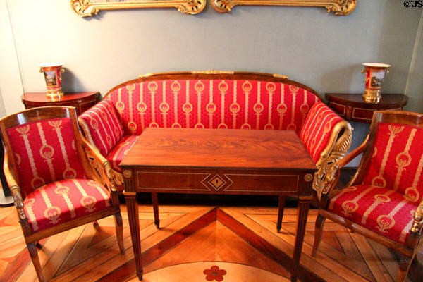 Study of Duchess Luise with settee & chairs with swan arms made in Coburg at Ehrenburg Palace. Coburg, Germany.