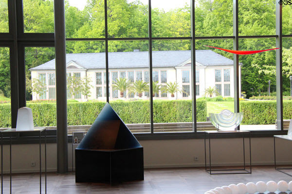 Window view from museum to one of the buildings of Schloss Rosenau at European Museum for Modern Glass. Coburg, Germany.