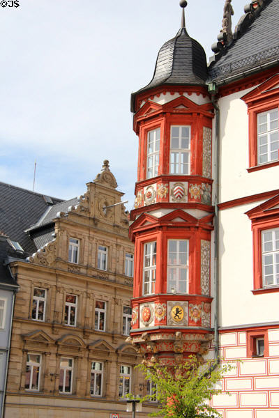 Octagonal oriel window on corner of Coburg Stadthaus. Coburg, Germany.