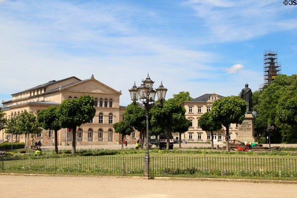 Schlossplatz with Landestheater Coburg, Edinburgh-Palais & Herzog Ernst I monument. Coburg, Germany.