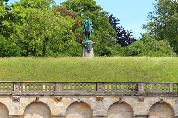 Equestrian statue of Herzog Ernst II over Schlossplatz. Coburg, Germany.