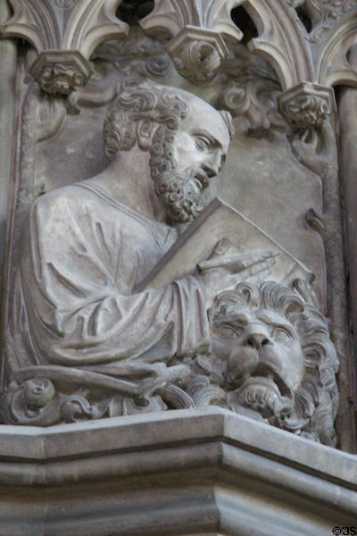 Lion carving of Evangelist Mark on pulpit at St Lawrence Church. Nuremberg, Germany.