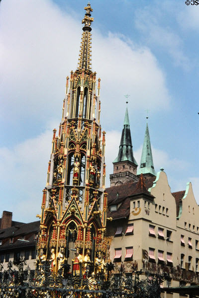 Schöner Brunnen (beautiful fountain) (14thC) on City Hall Market square. Nuremberg, Germany.