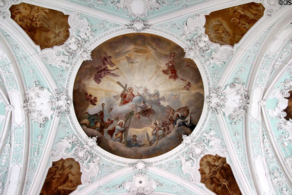 Overview of Baroque ceiling with holy trinity surrounded by saints in heaven at Gößweinstein pilgrimage basilica. Gößweinstein, Germany.