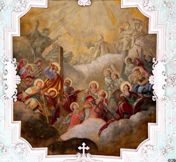 Baroque ceiling painting of St Peter welcoming saints to heaven at Gößweinstein pilgrimage basilica. Gößweinstein, Germany.