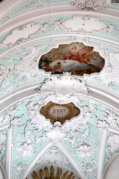 Baroque ceiling details at Gößweinstein pilgrimage basilica. Gößweinstein, Germany.