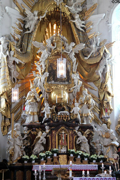 Baroque main altar with images of coronation of Mary by Johann Jakob Michael Küchel at Gößweinstein pilgrimage basilica. Gößweinstein, Germany.