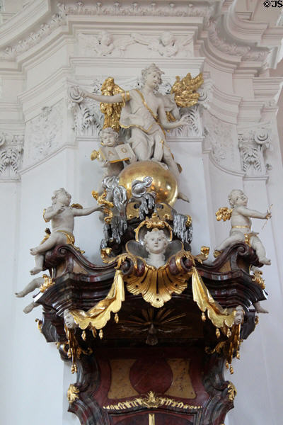 Details of upper part of Baroque pulpit at Gößweinstein pilgrimage basilica. Gößweinstein, Germany.