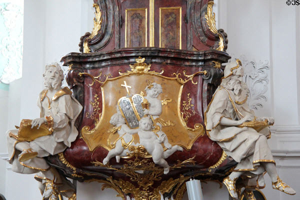 Details of middle part of Baroque pulpit at Gößweinstein pilgrimage basilica. Gößweinstein, Germany.