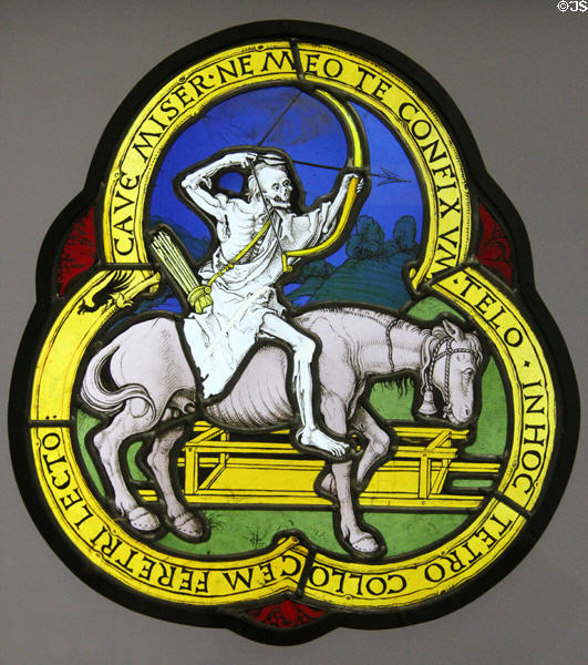 Death on Horseback stained glass (1502) by Albrecht Dürer & Veit Hirsvogel elder at Germanisches Nationalmuseum. Nuremberg, Germany.