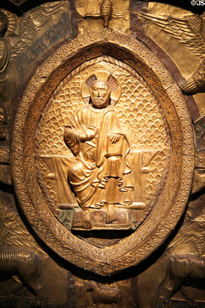 Christ in mandorla detail of Antependium relief (c1220-30) from Schleswig or Jutland at Germanisches Nationalmuseum. Nuremberg, Germany.