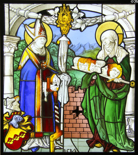Sts. Erasmus & Felicity stained glass (1517) by Hirsvogel Workshop of Nuremberg from St Giles church in Stöckack at Germanisches Nationalmuseum. Nuremberg, Germany.