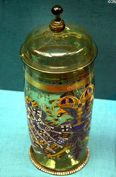 Glass Humpen enameled with imperial eagle (1671) from Hessen? at Germanisches Nationalmuseum. Nuremberg, Germany.