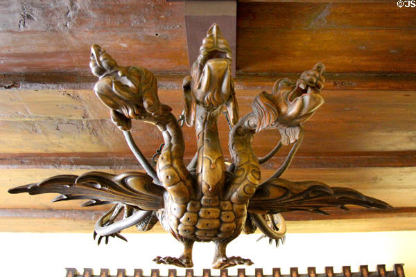 Front view of Lusterweibchen dragon chandelier upon reindeer antlers, sculpted by Veit Stoss after design by Albrecht Dürer at Albrecht Dürer's House. Nuremberg, Germany.