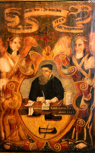 Painting (1569) to memory of Hans Sachs (1494-1576) poet & singer from Nuremberg at Fembohaus City Museum. Nuremberg, Germany.