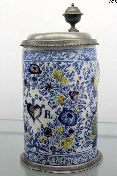 Blue-painted ceramic beer stein (1724) by Nicolaus Pössinger from Nuremberg at Fembohaus City Museum. Nuremberg, Germany.