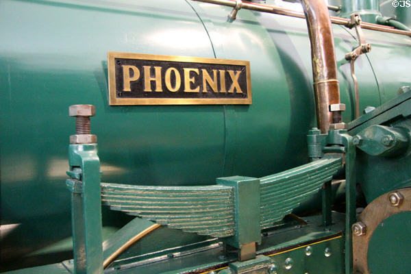 Name plate over leaf spring of steam locomotive Bad. IX Phoenix (1863) at Nuremberg Transport Museum. Nuremberg, Germany.