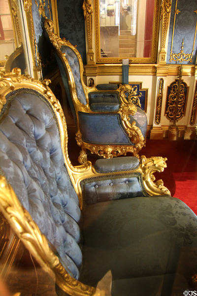 Thrones in private salon car of King Ludwig II of Bavaria at Nuremberg Transport Museum. Nuremberg, Germany.