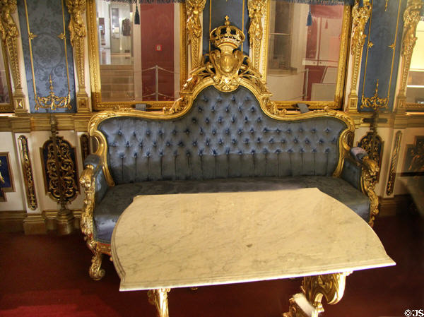 Settee in private salon car of King Ludwig II of Bavaria at Nuremberg Transport Museum. Nuremberg, Germany.