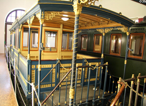 Terrace rail wagon (1865) one of eight on private train of King Ludwig II of Bavaria at Nuremberg Transport Museum. Nuremberg, Germany.