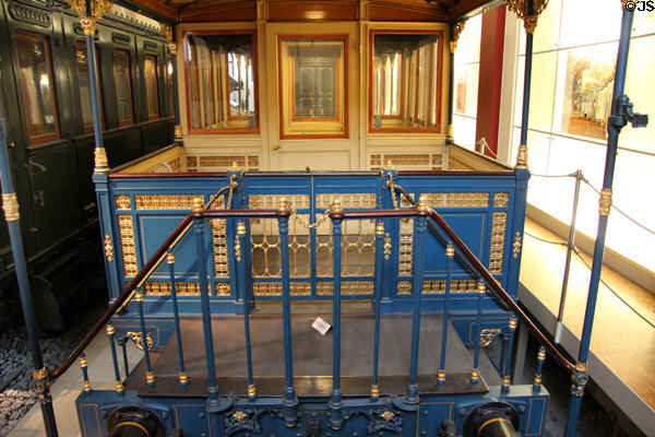 Audience end of terrace rail car (1865) on private train of King Ludwig II of Bavaria at Nuremberg Transport Museum. Nuremberg, Germany.