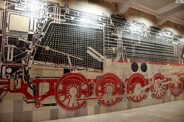 Wurzburg main rail station mural (1950s) showing conceptual cutaway of steam locomotive by Alois Wünsche-Mitterecker at Nuremberg Transport Museum. Nuremberg, Germany.