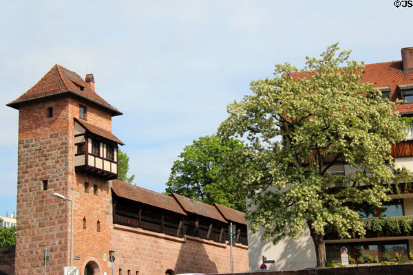 Point where city wall reaches Pegnitz River. Nuremberg, Germany.