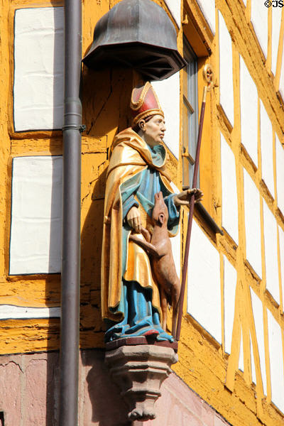 Saint carved on corner of Weißgerbergasse building. Nuremberg, Germany.