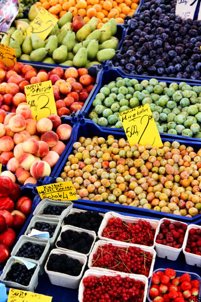 Fruit stand at Farmer's Market on City Hall & Frauen Kirche square. Nuremberg, Germany.