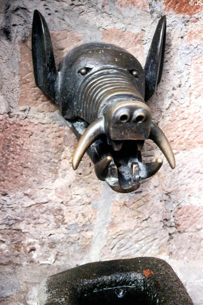 Wild boar fountain (1941) by Rudolf Trautmann on pathway to Marburg Castle. Marburg, Germany.