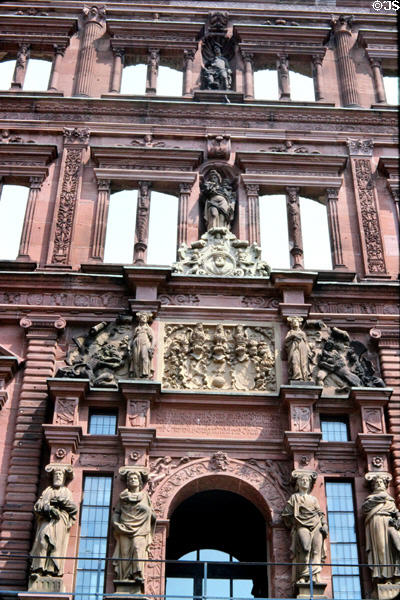 Entrance to Friedrich Wing of Heidelberg Castle with statues of ancestors of Friedrich IV. Heidelberg, Germany.