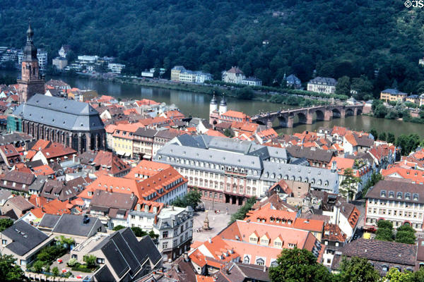 View of Heidelberg spread along banks of Neckar River from Königstuhl Hill. Heidelberg, Germany.