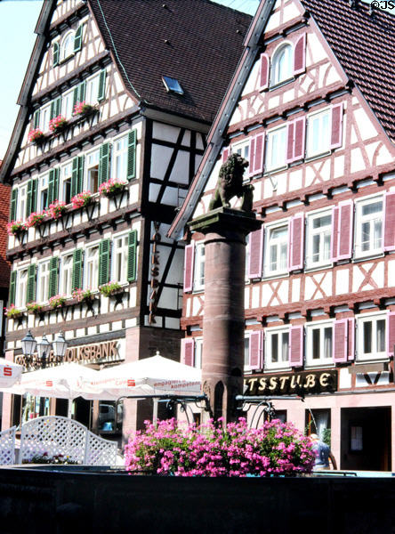 Traditional wood framed buildings with steep tiled roofs in Calw District in Black Forest. Germany.