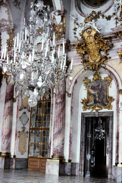 Hofkirche (royal chapel) at Residenz with pink veined marble columns & ornate decorative work by Balthazar Neumann. Würzburg, Germany.