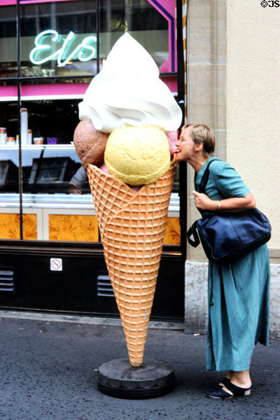 Sign in the form of a huge ice cream cone outside an ice cream parlor. Würzburg, Germany.