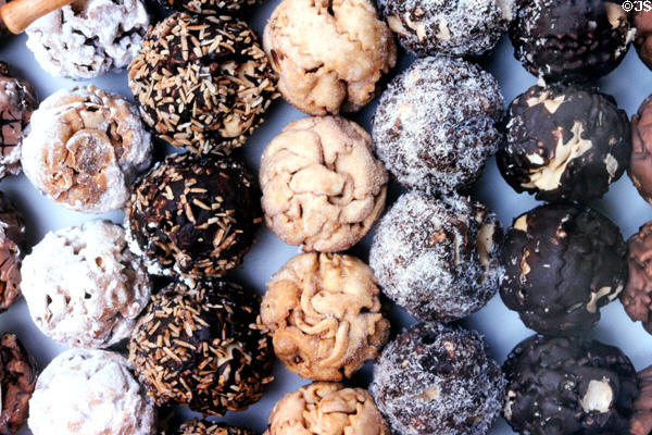 Schneeballen (snowball) fried pastry local specialty. Rothenburg ob der Tauber, Germany.