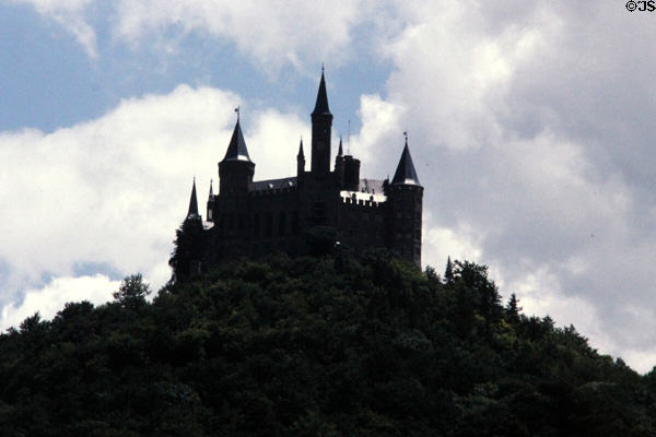 Hohenzollern Castle on hilltop (1850-67), built as family memorial. Germany. Style: German Romanticism. Architect: Friedrich August Stüler.