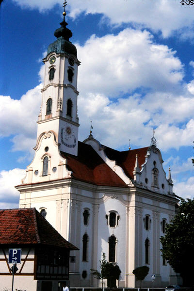 Steinhausen Pilgrimage Church (Wallfahrtskirche) (1728-33) of St. Peter & Paul baroque exterior. Steinhausen, Germany. Style: Baroque. Architect: Dominikus Zimmermann.
