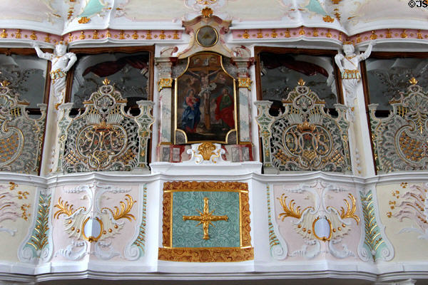 Detail of delicate stucco work on organ loft of Liebfrauenkirche. Günzburg, Germany.