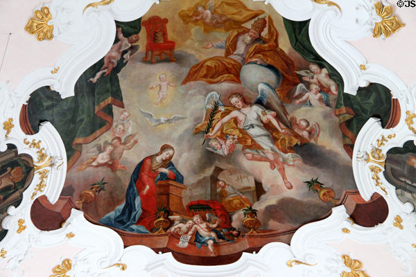 Ceiling fresco depicting Annunciation with St Gabriel carrying a branch from Paradise at Liebfrauenkirche. Günzburg, Germany.