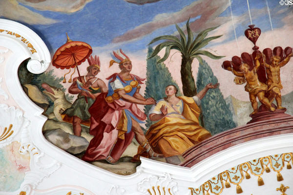 America detail of ceiling mural at Liebfrauenkirche. Günzburg, Germany.