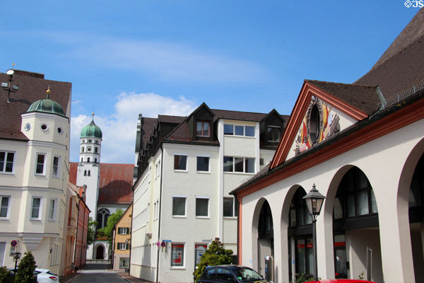 Dillingen streetscape looking towards Basilica of Sts Peter and Paul. Dillingen, Germany.