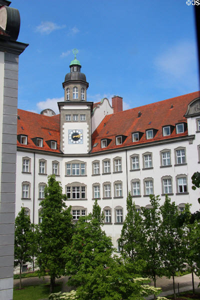 Courtyard with church clock tower at Academy for teacher training. Dillingen, Germany.