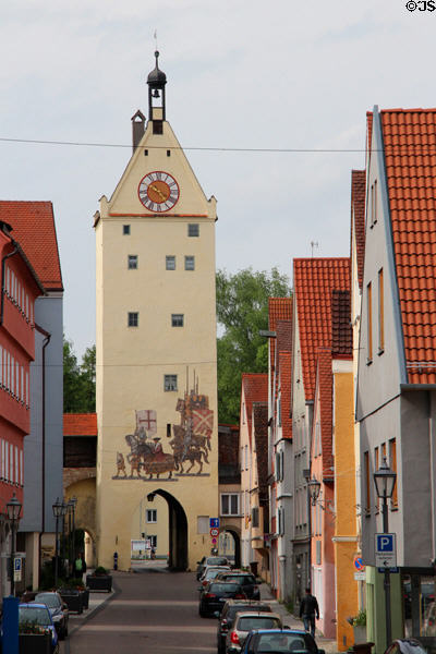 Ulmer Tor (early 1400s) with painting depicting entry of Roman-German king Maximilian I through the gate in 1489. Memmingen, Germany.