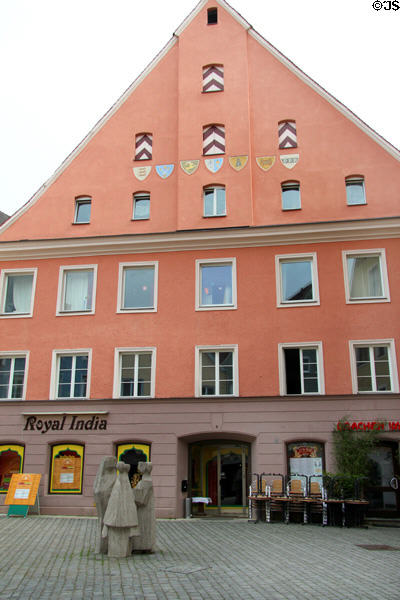 Marktplatz area streetview with modern sculpture. Memmingen, Germany.