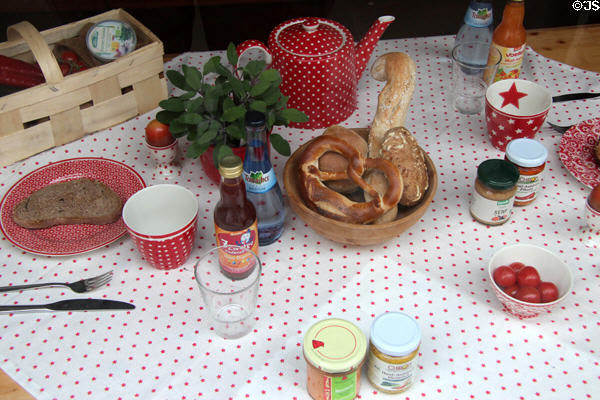 Food display in shop window. Memmingen, Germany.