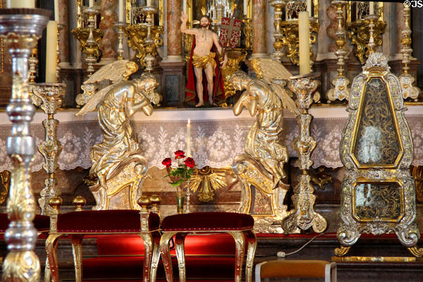Gilded weeping angels on altar of St Benedict church at Benediktbeuern Abbey. Germany.