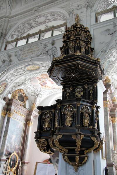 Ornate pulpit & plasterwork in St Benedict church at Benediktbeuern Abbey. Germany.