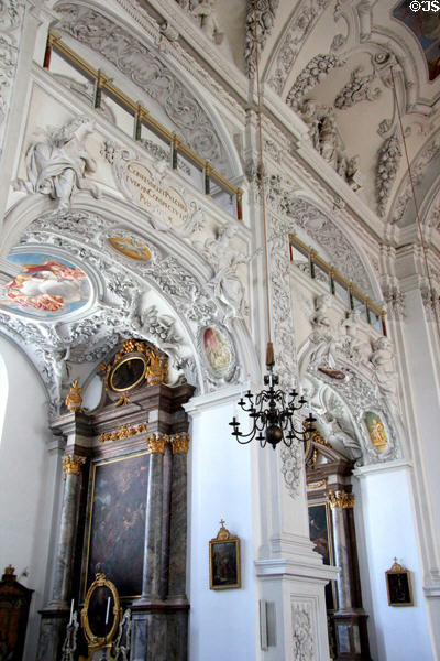 Ornate plasterwork above pulpit in St Benedict church at Benediktbeuern Abbey. Germany.